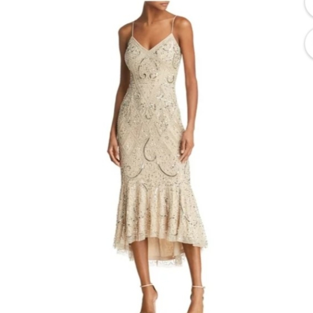 Aidan Mattox Cream High-Low Gown with Spaghetti Straps